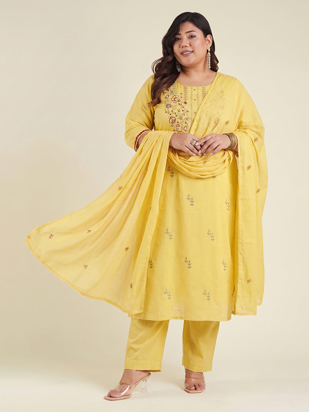 Janasya Yellow Straight Cotton Kurta,Bottom & Dupatta | Grocsy