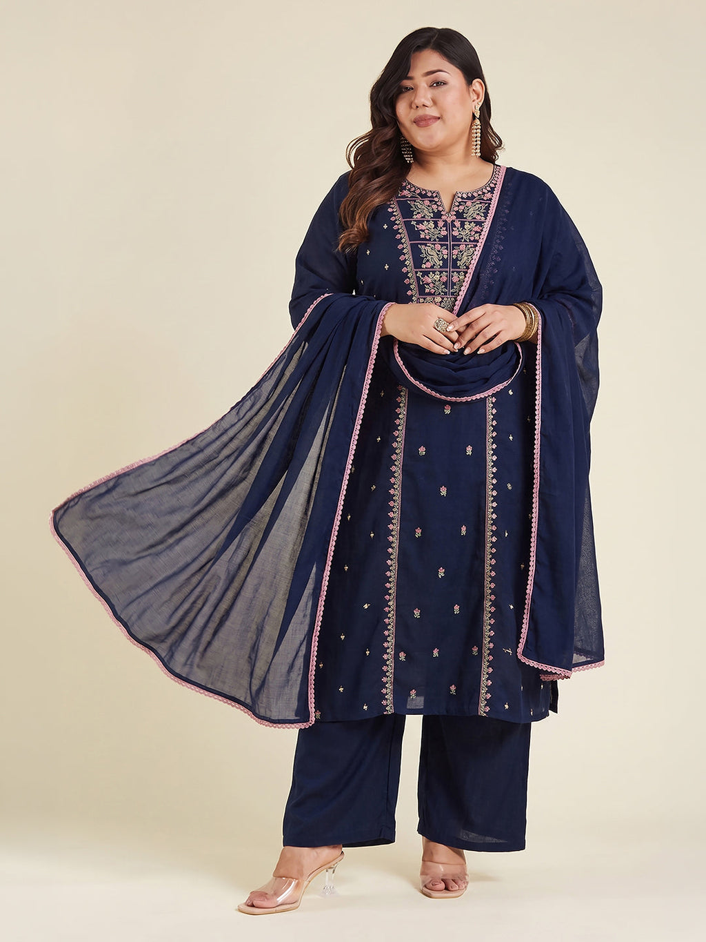 Janasya Navy Blue Straight Cotton Kurta,Bottom & Dupatta | Grocsy