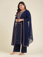 Janasya Navy Blue Straight Cotton Kurta,Bottom & Dupatta | Grocsy