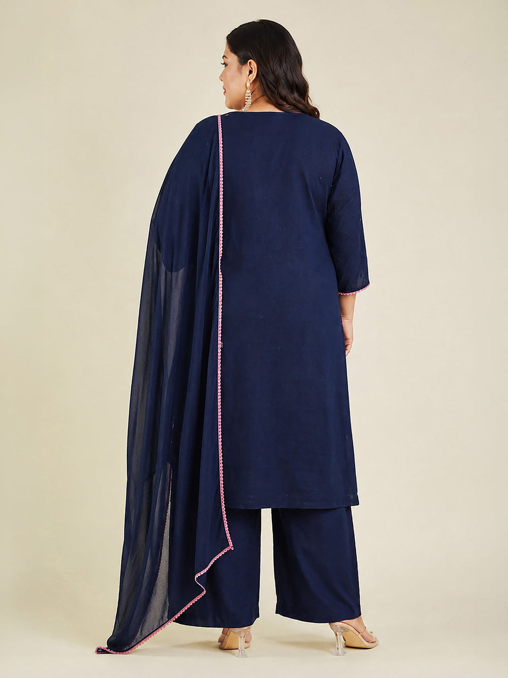 Janasya Navy Blue Straight Cotton Kurta,Bottom & Dupatta | Grocsy
