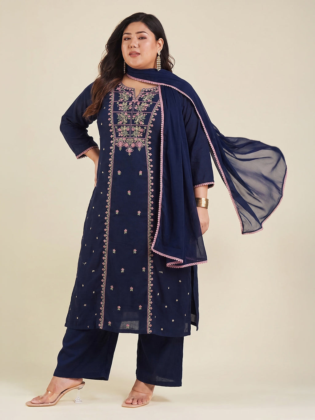 Janasya Navy Blue Straight Cotton Kurta,Bottom & Dupatta | Grocsy