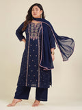 Janasya Navy Blue Straight Cotton Kurta,Bottom & Dupatta | Grocsy