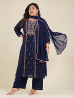 Janasya Navy Blue Straight Cotton Kurta,Bottom & Dupatta | Grocsy
