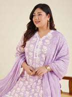 Janasya Lavender Straight Cotton Kurta,Bottom & Dupatta | Grocsy