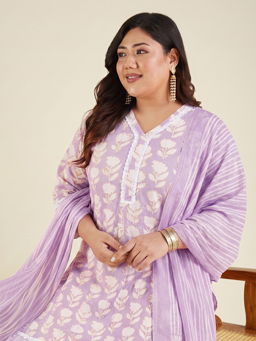 Janasya Lavender Straight Cotton Kurta,Bottom & Dupatta | Grocsy