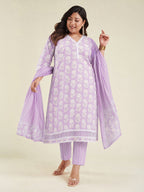 Janasya Lavender Straight Cotton Kurta,Bottom & Dupatta | Grocsy