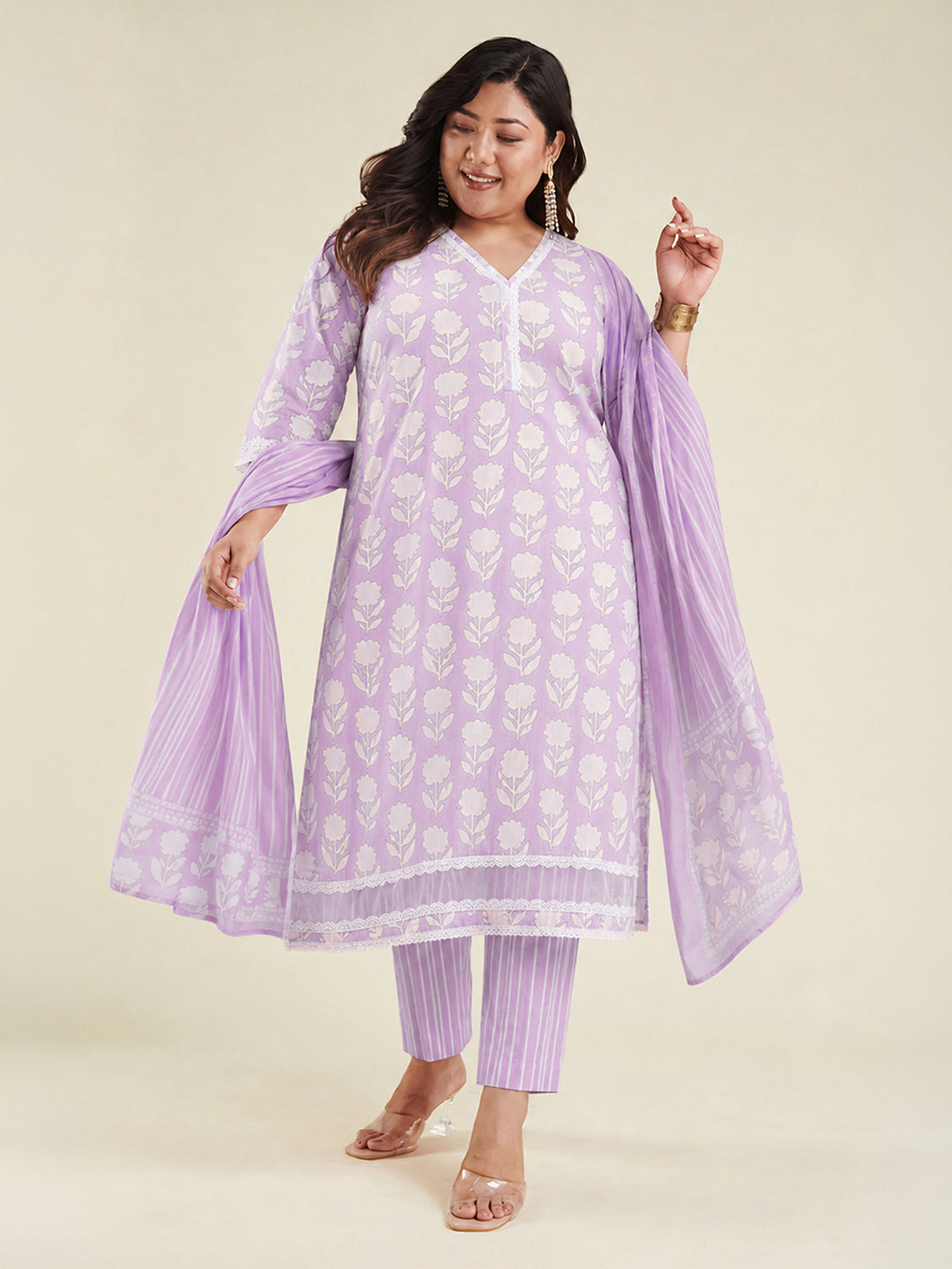 Janasya Lavender Straight Cotton Kurta,Bottom & Dupatta | Grocsy