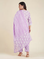 Janasya Lavender Straight Cotton Kurta,Bottom & Dupatta | Grocsy