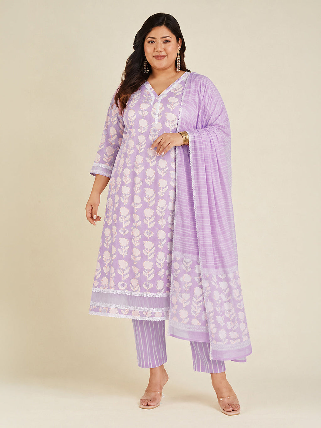 Janasya Lavender Straight Cotton Kurta,Bottom & Dupatta | Grocsy