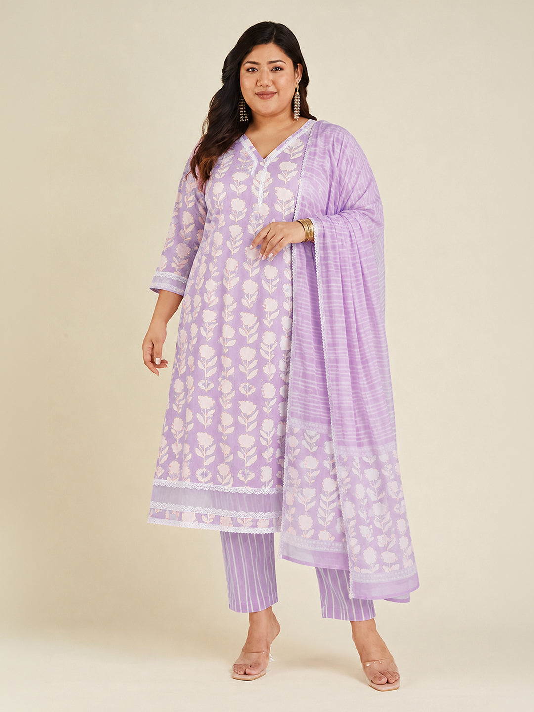 Janasya Lavender Straight Cotton Kurta,Bottom & Dupatta | Grocsy