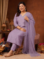 Janasya Lavender Straight Silk Blend Kurta,Bottom & Dupatta | Grocsy