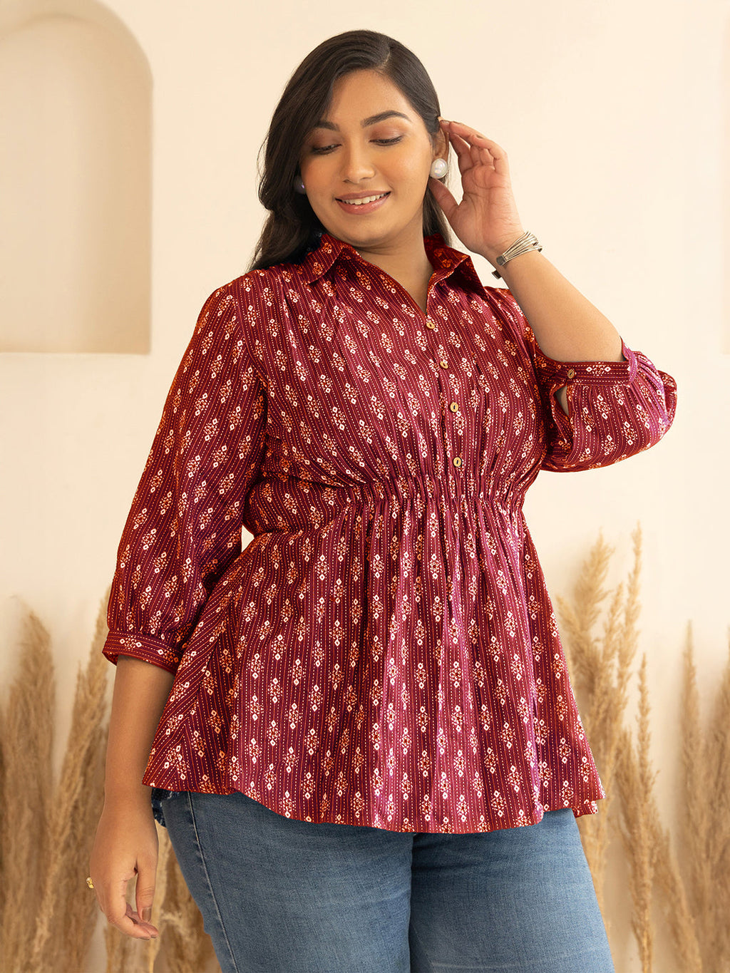 Janasya Red Peplum Cotton Top | Grocsy