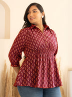 Janasya Red Peplum Cotton Top | Grocsy