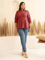 Janasya Red Peplum Cotton Top | Grocsy