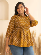 Janasya Mustard Peplum Cotton Top | Grocsy