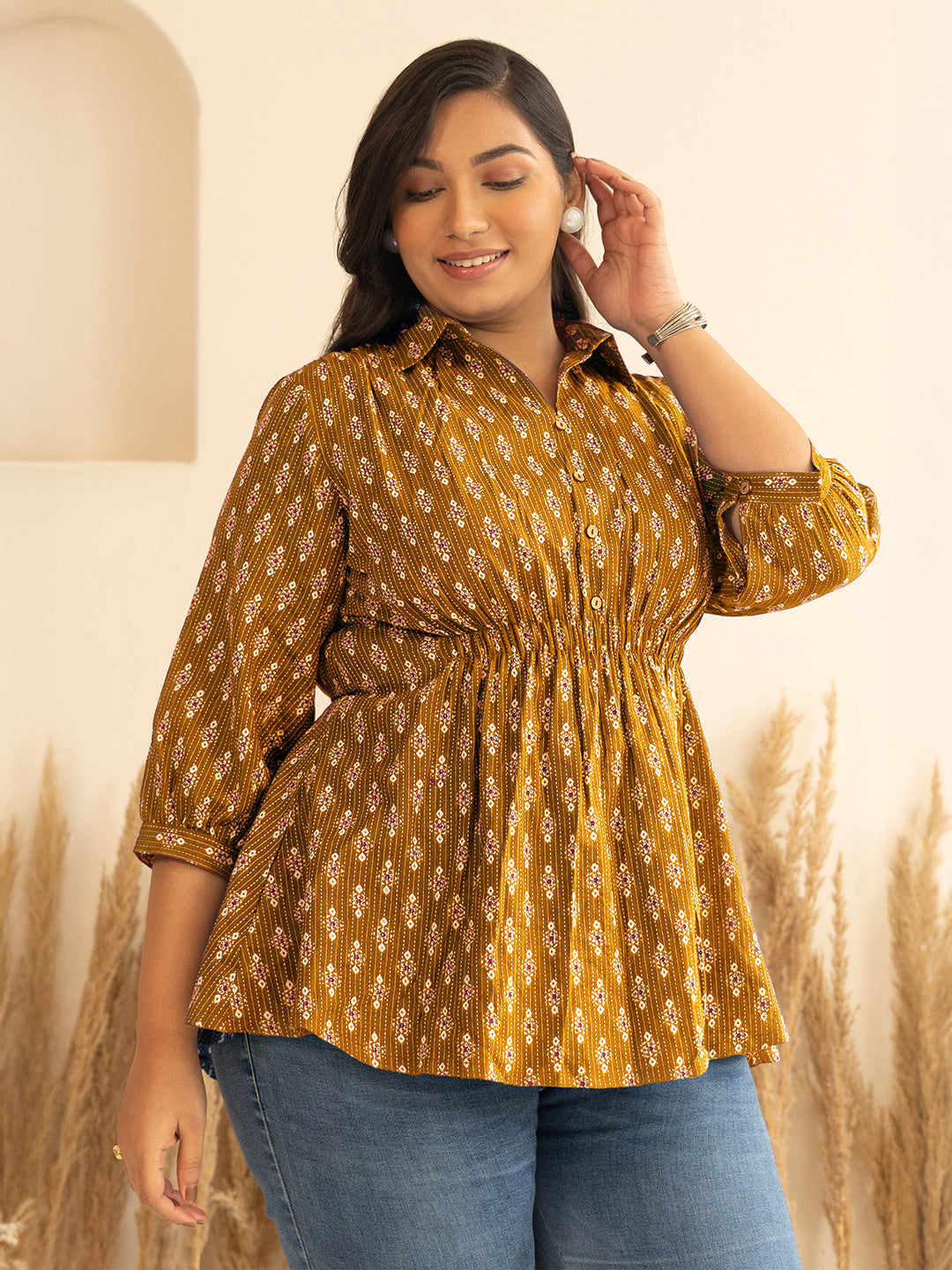 Janasya Mustard Peplum Cotton Top | Grocsy