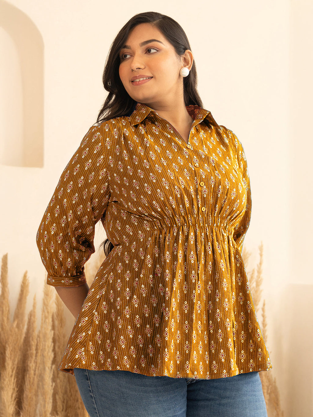 Janasya Mustard Peplum Cotton Top | Grocsy
