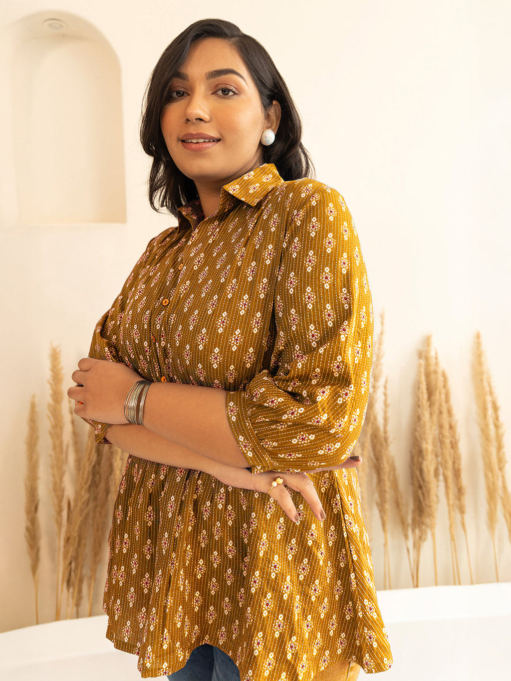 Janasya Mustard Peplum Cotton Top | Grocsy