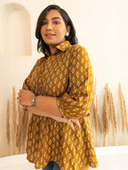 Janasya Mustard Peplum Cotton Top | Grocsy