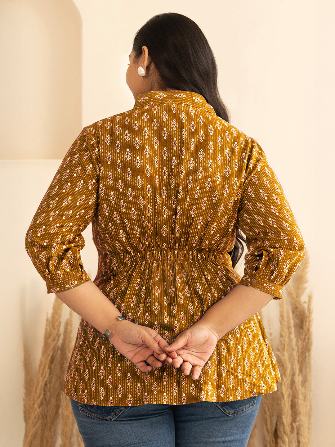 Janasya Mustard Peplum Cotton Top | Grocsy