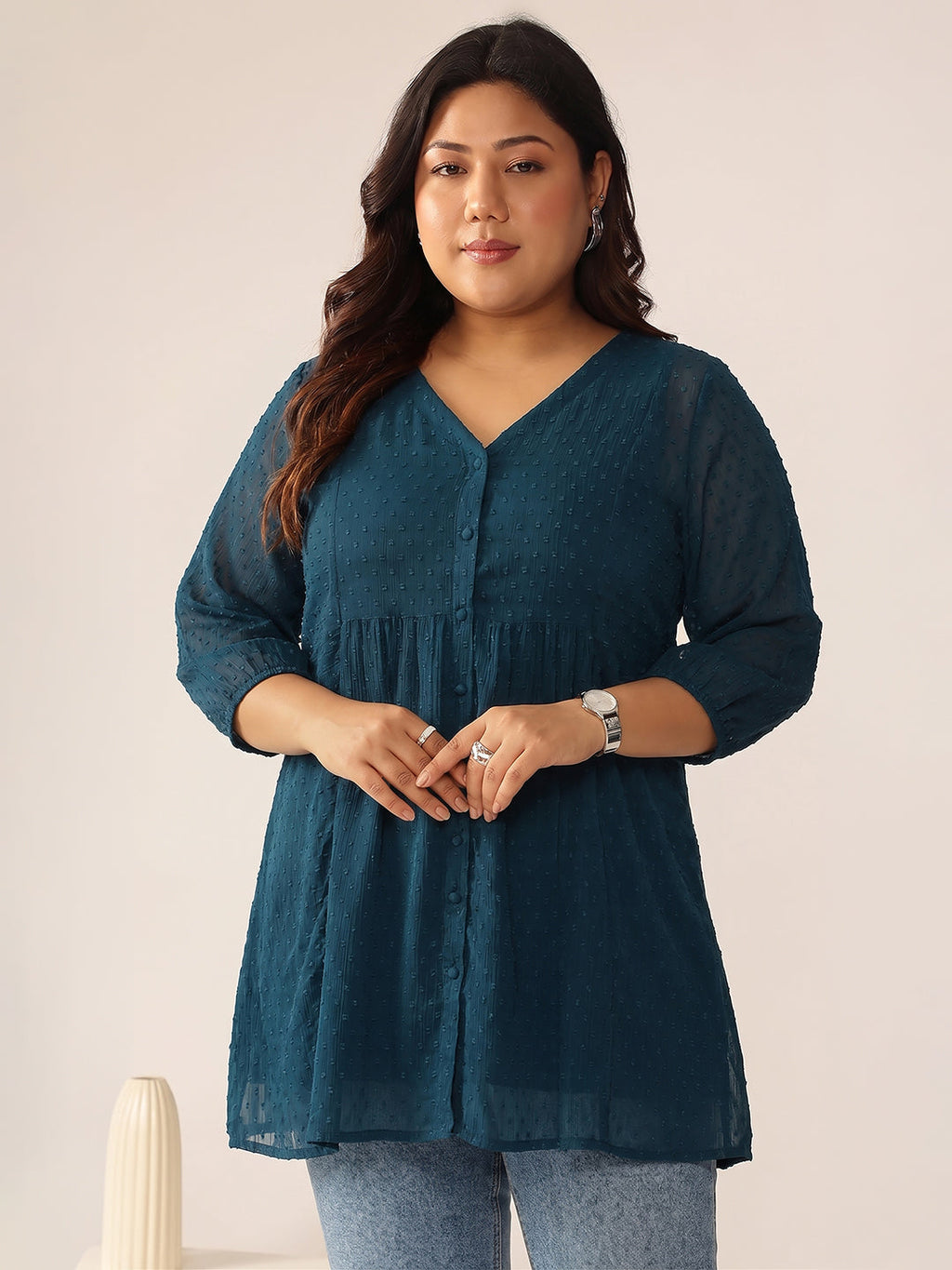 Janasya Teal A-Line Dobby Chiffon Tunic | Grocsy