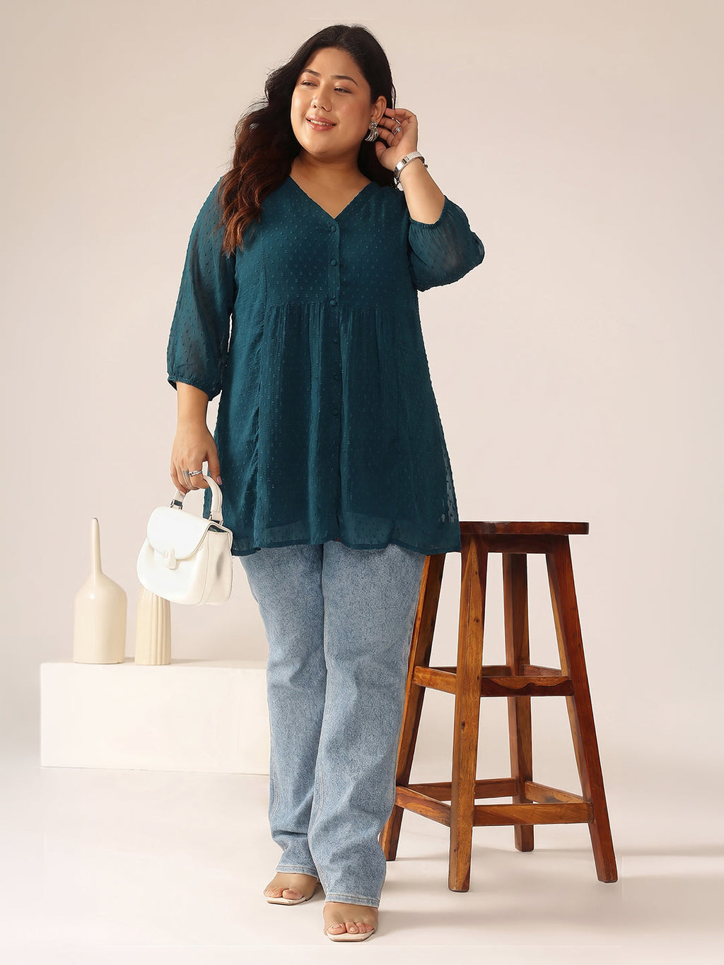 Janasya Teal A-Line Dobby Chiffon Tunic | Grocsy