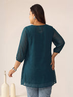 Janasya Teal A-Line Dobby Chiffon Tunic | Grocsy