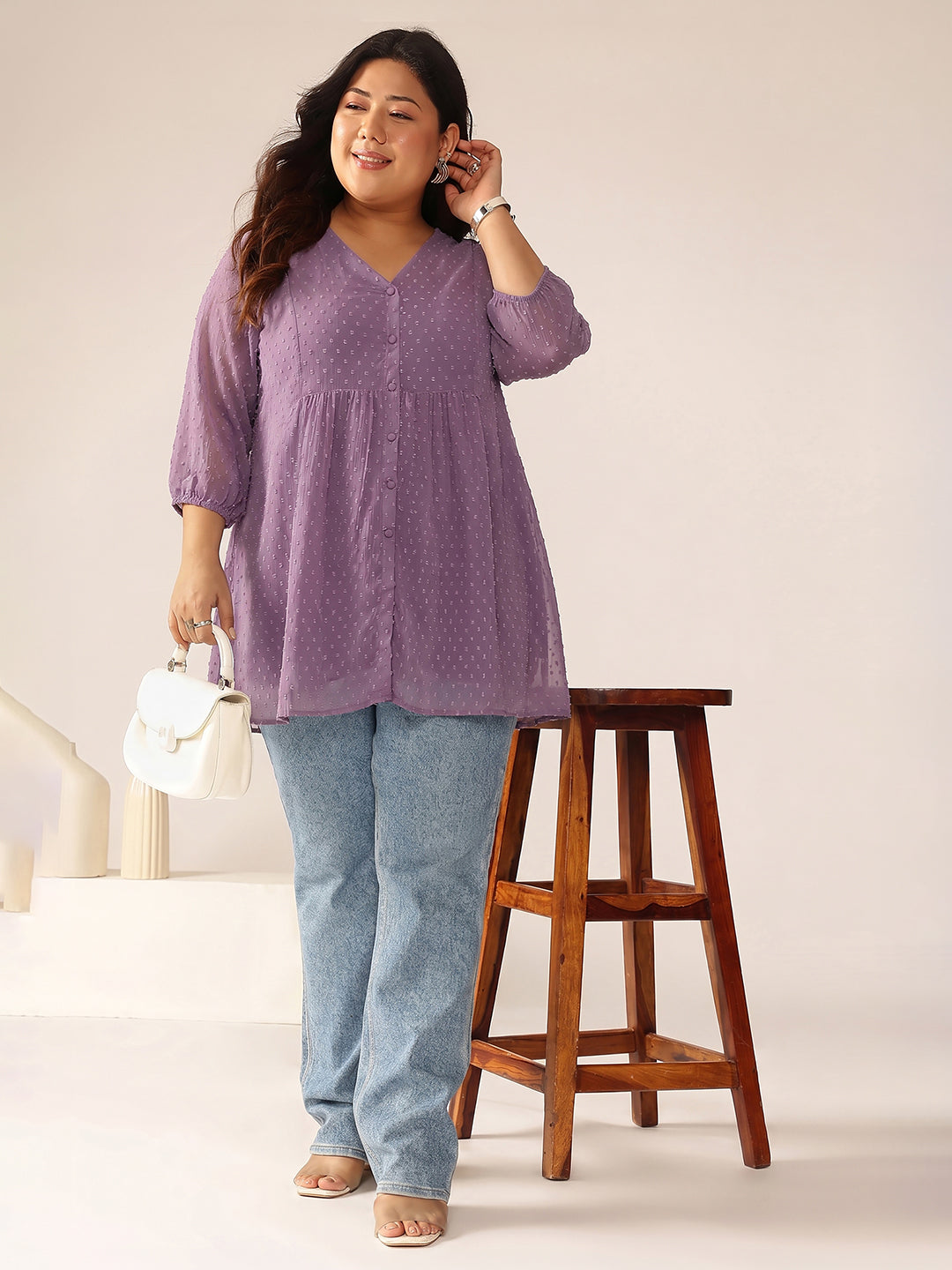 Janasya Lavender A-Line Dobby Chiffon Tunic | Grocsy