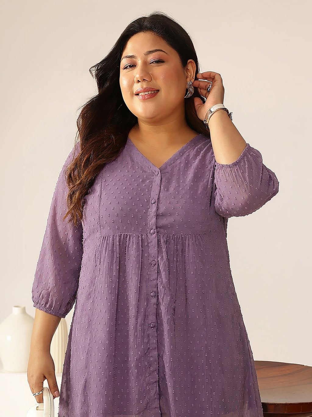Janasya Lavender A-Line Dobby Chiffon Tunic | Grocsy