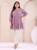 Janasya Lavender Tiered Dobby Chiffon Tunic | Grocsy