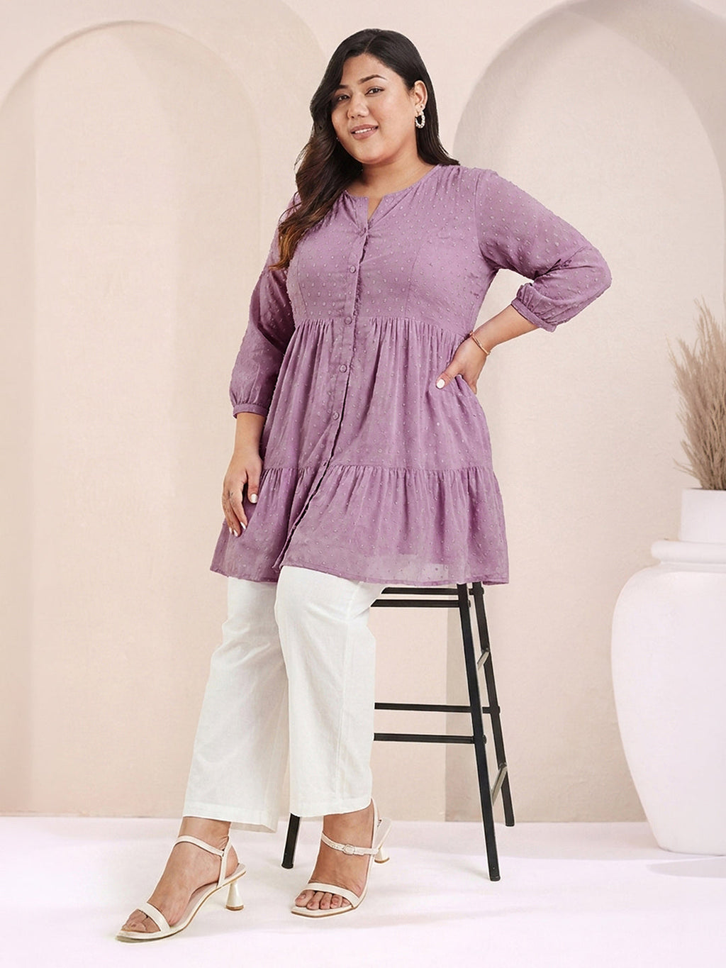 Janasya Lavender Tiered Dobby Chiffon Tunic | Grocsy