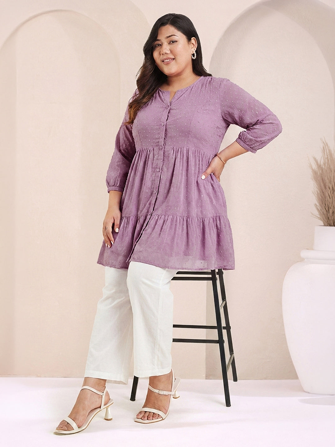 Janasya Lavender Tiered Dobby Chiffon Tunic | Grocsy