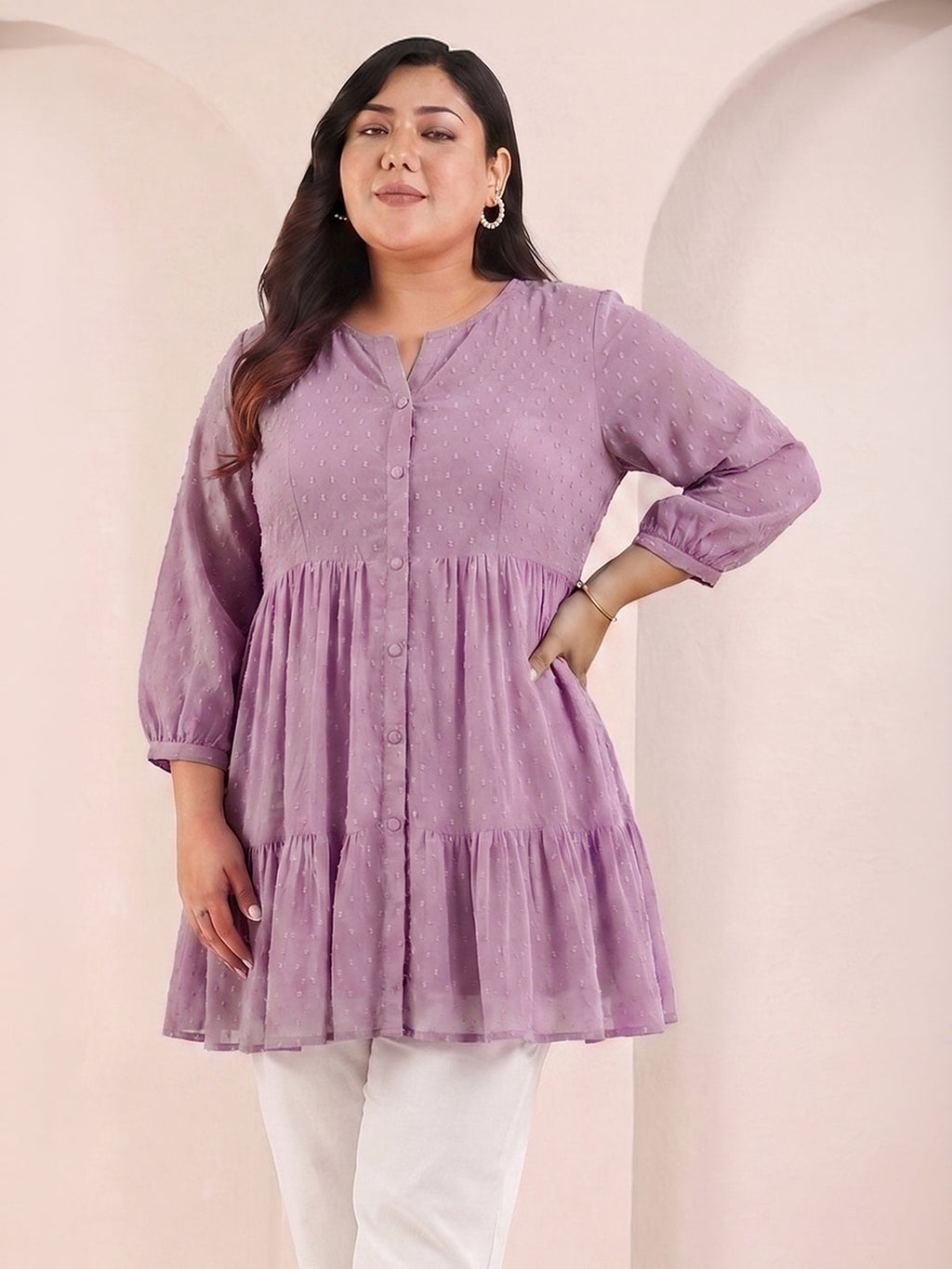 Janasya Lavender Tiered Dobby Chiffon Tunic | Grocsy
