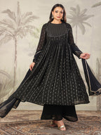 Janasya Dark Georgette Foil Print Anarkali Kurta Set | Grocsy