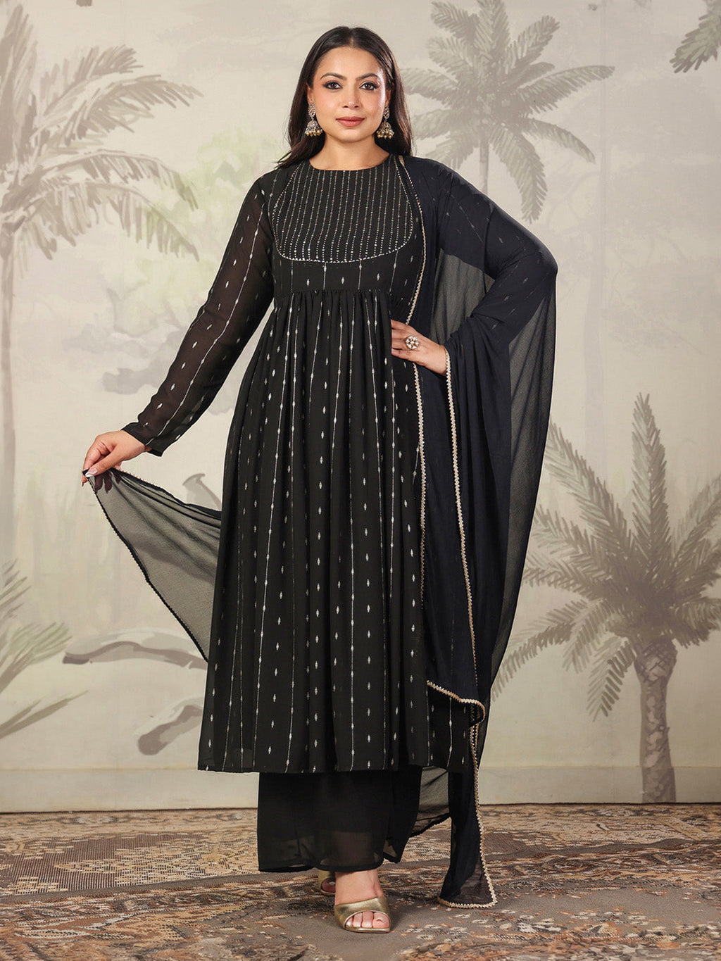 Janasya Dark Georgette Foil Print Anarkali Kurta Set | Grocsy