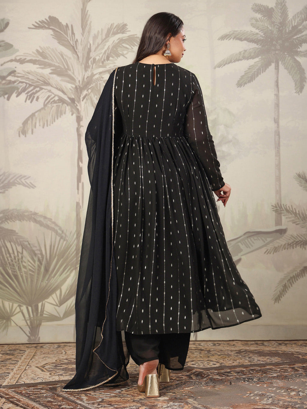 Janasya Dark Georgette Foil Print Anarkali Kurta Set | Grocsy