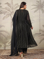 Janasya Dark Georgette Foil Print Anarkali Kurta Set | Grocsy
