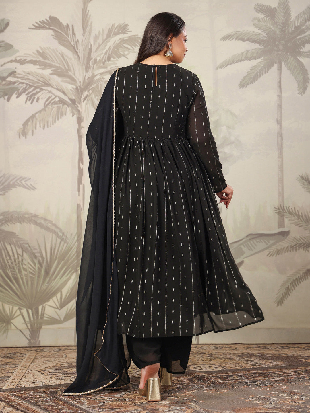 Janasya Dark Georgette Foil Print Anarkali Kurta Set | Grocsy