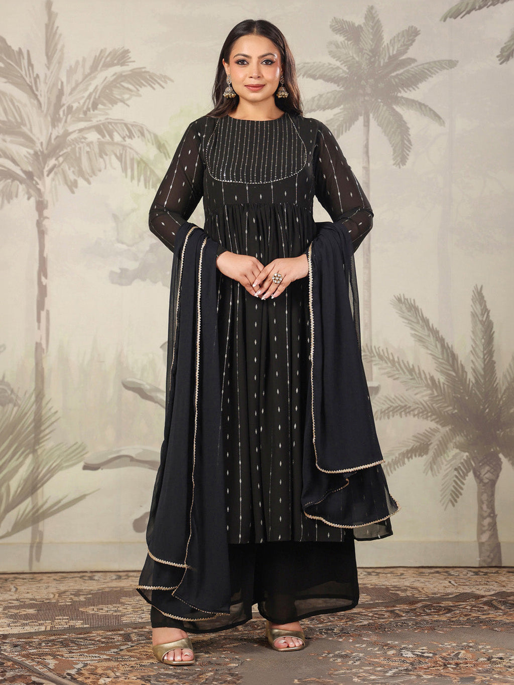 Janasya Dark Georgette Foil Print Anarkali Kurta Set | Grocsy
