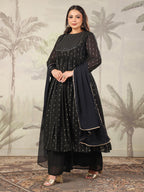 Janasya Dark Georgette Foil Print Anarkali Kurta Set | Grocsy