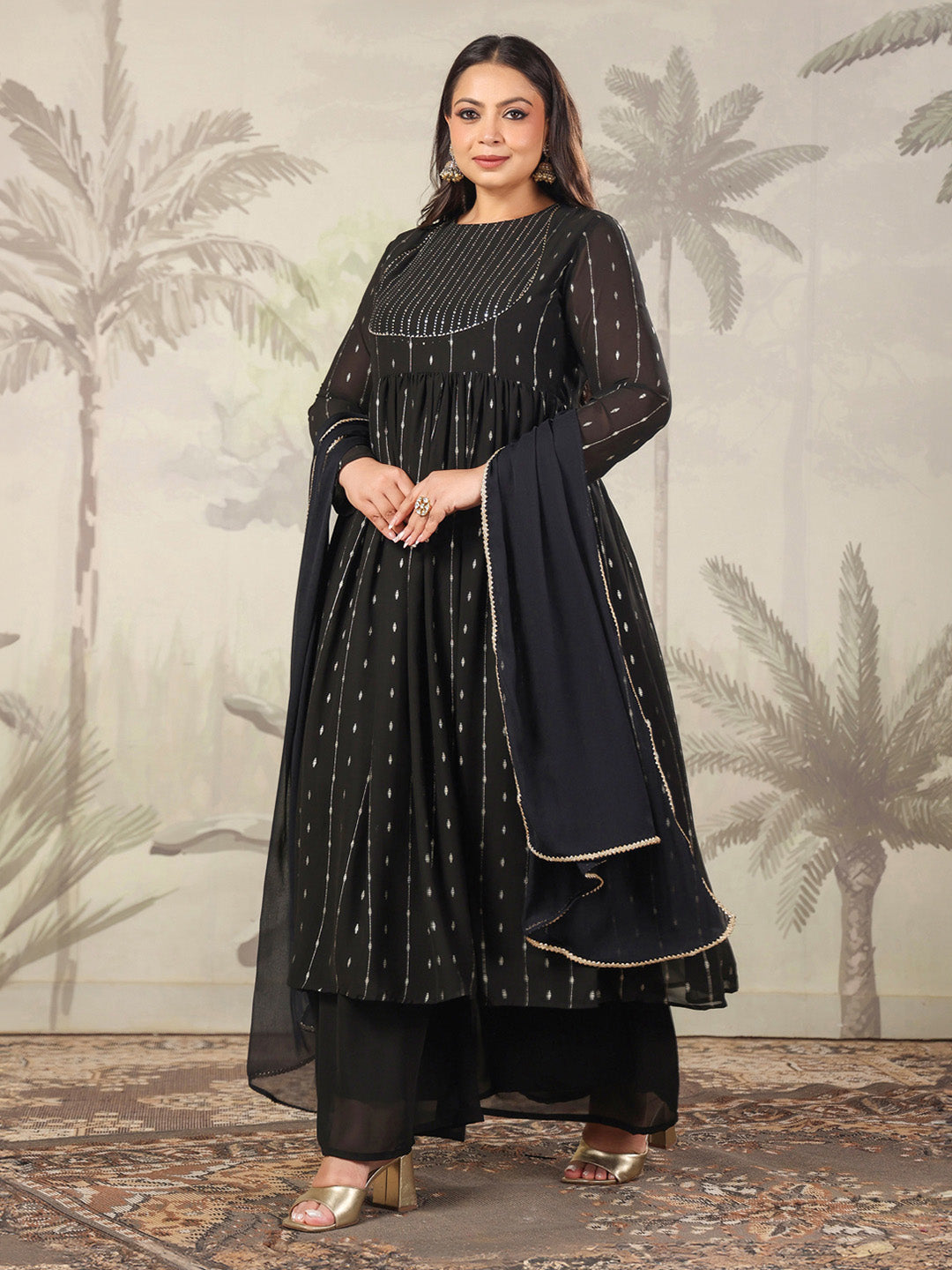Janasya Dark Georgette Foil Print Anarkali Kurta Set | Grocsy