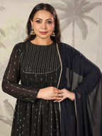 Janasya Dark Georgette Foil Print Anarkali Kurta Set | Grocsy