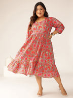 Janasya Bright Cotton Floral Flared Dress | Grocsy
