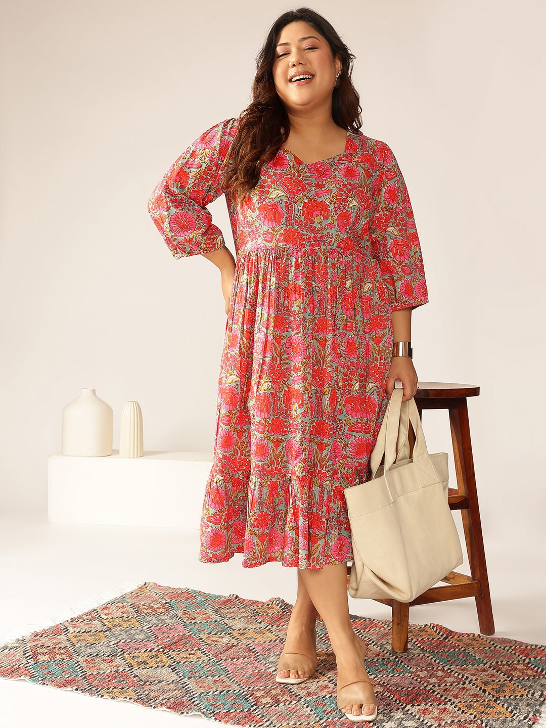 Janasya Bright Cotton Floral Flared Dress | Grocsy