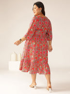 Janasya Bright Cotton Floral Flared Dress | Grocsy