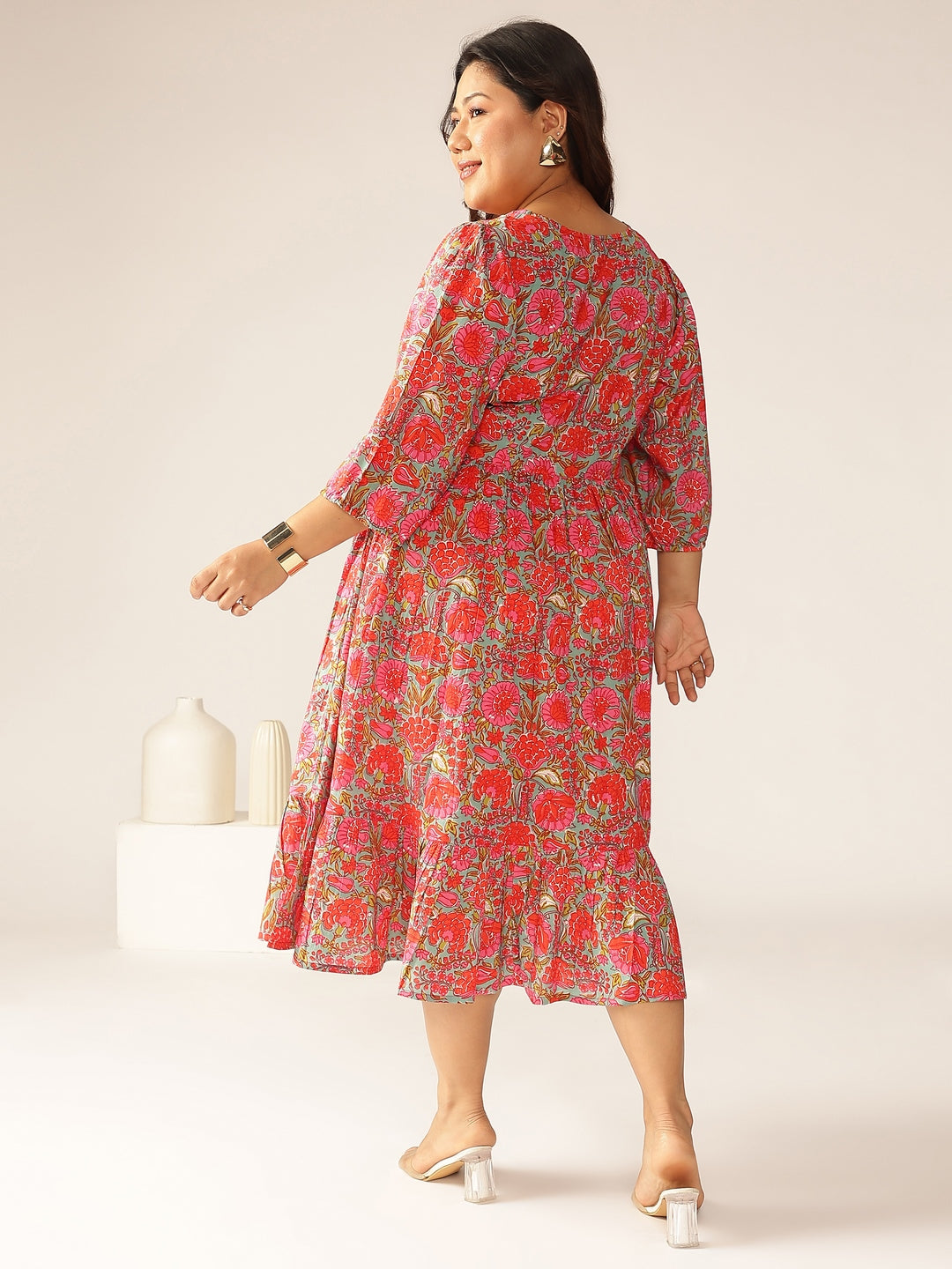 Janasya Bright Cotton Floral Flared Dress | Grocsy