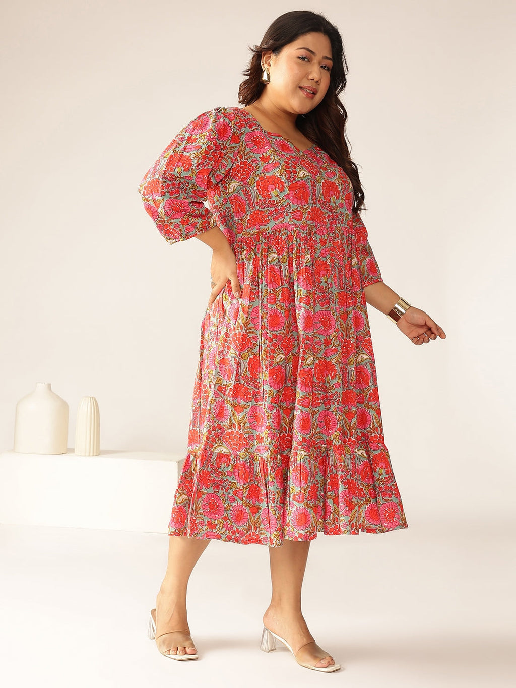 Janasya Bright Cotton Floral Flared Dress | Grocsy