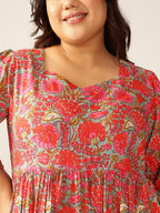 Janasya Bright Cotton Floral Flared Dress | Grocsy