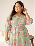 Janasya Bright Cotton Floral A-Line Dress | Grocsy