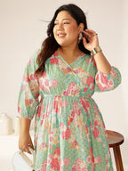 Janasya Bright Cotton Floral A-Line Dress | Grocsy